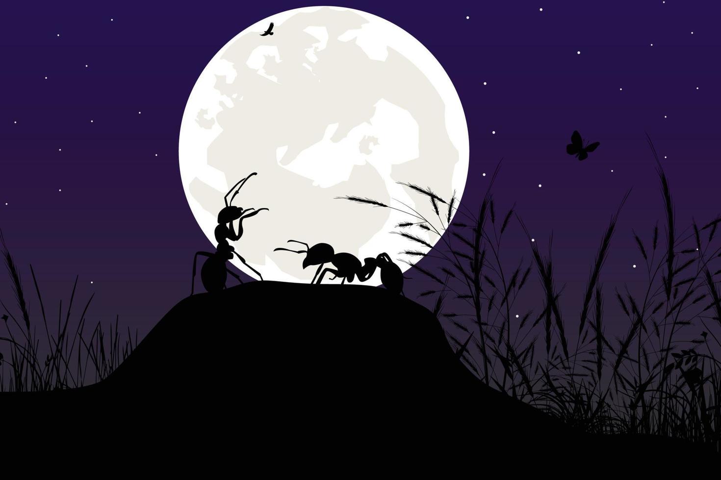 cute ant and moon silhouette vector
