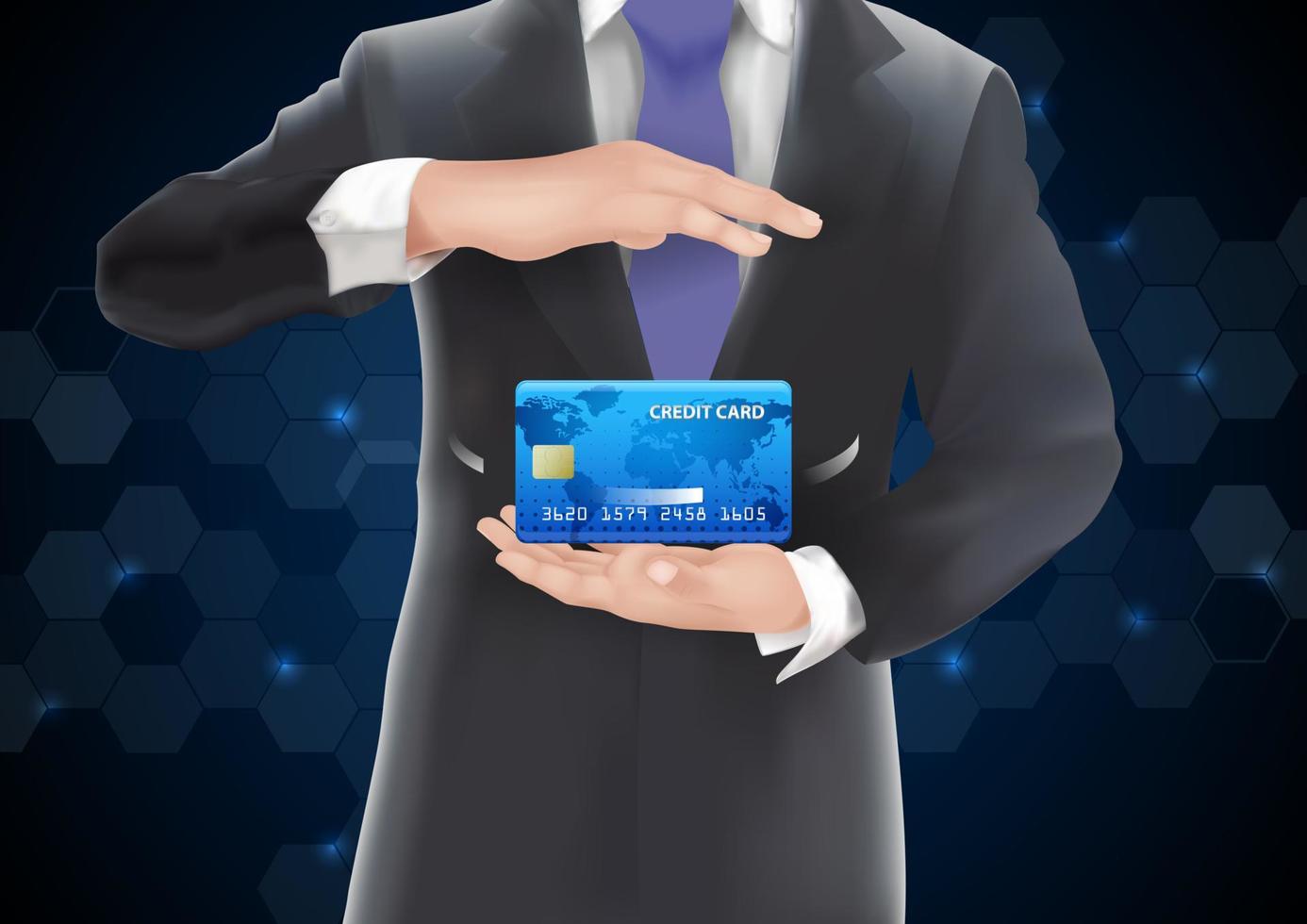 Businessman in black costume and purple necktie put  credit card in  center position. vector