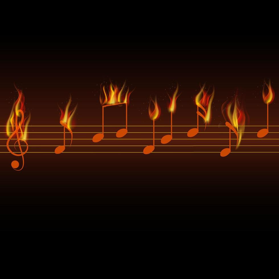 Fire burning musical notes on black background vector