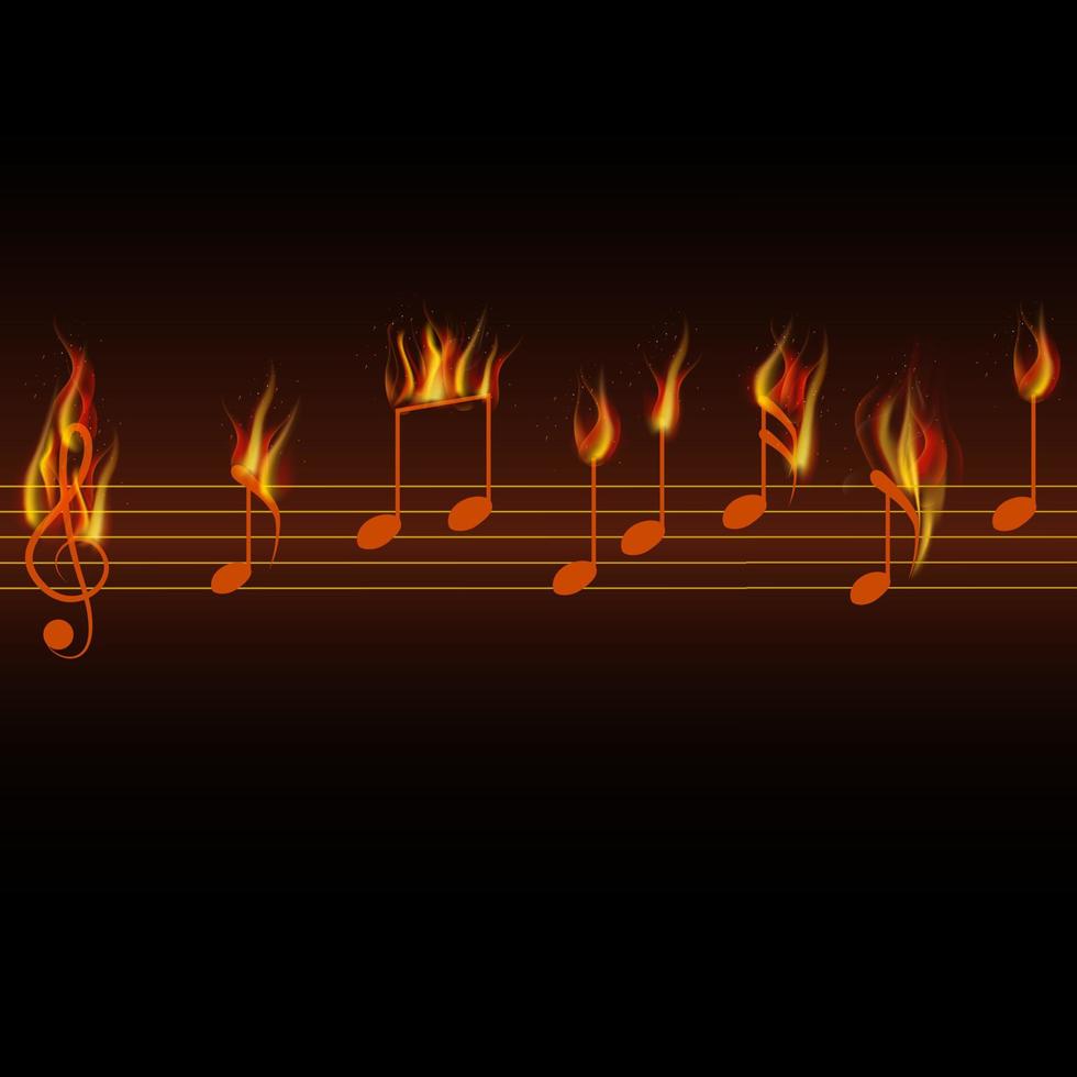 fuego quema notas musicales sobre fondo negro vector