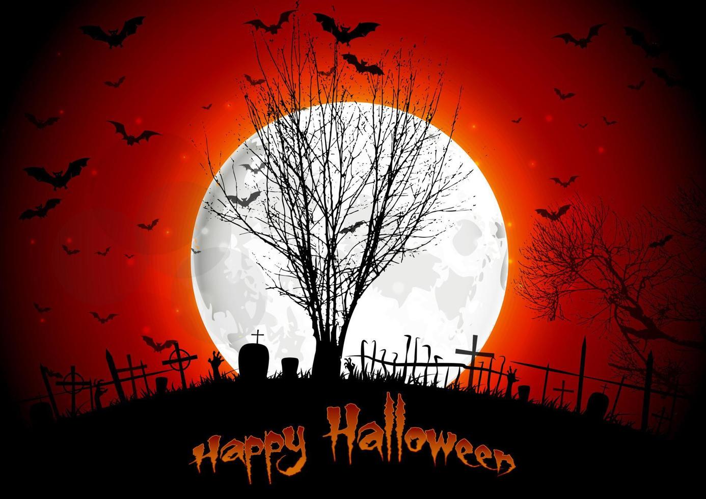 Halloween grave on full moon  background tree hand and bats vector