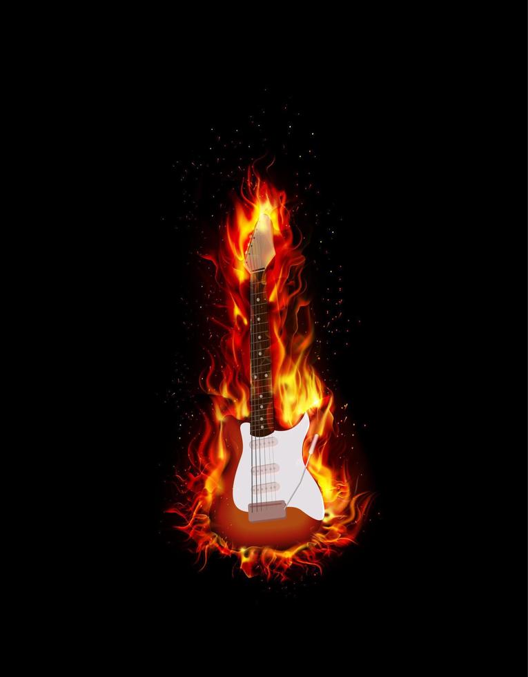 Fire burning guitar black background. vector