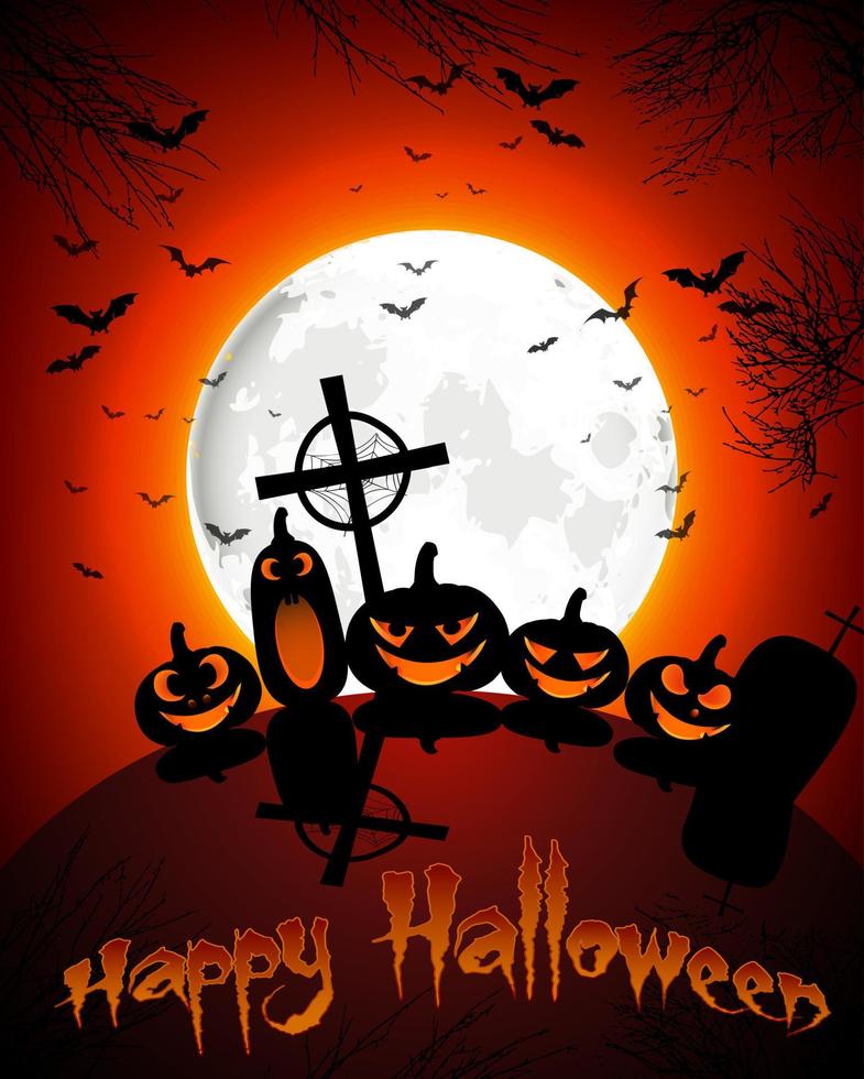 tumba de halloween sobre fondo de luna llena calabazas diablo mano y murciélagos vector