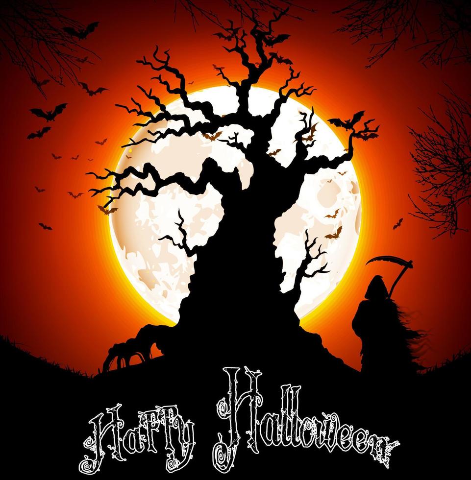 fondo de halloween - silueta de un guadaña negro aterrador parado en un árbol con cruces en luna llena vector
