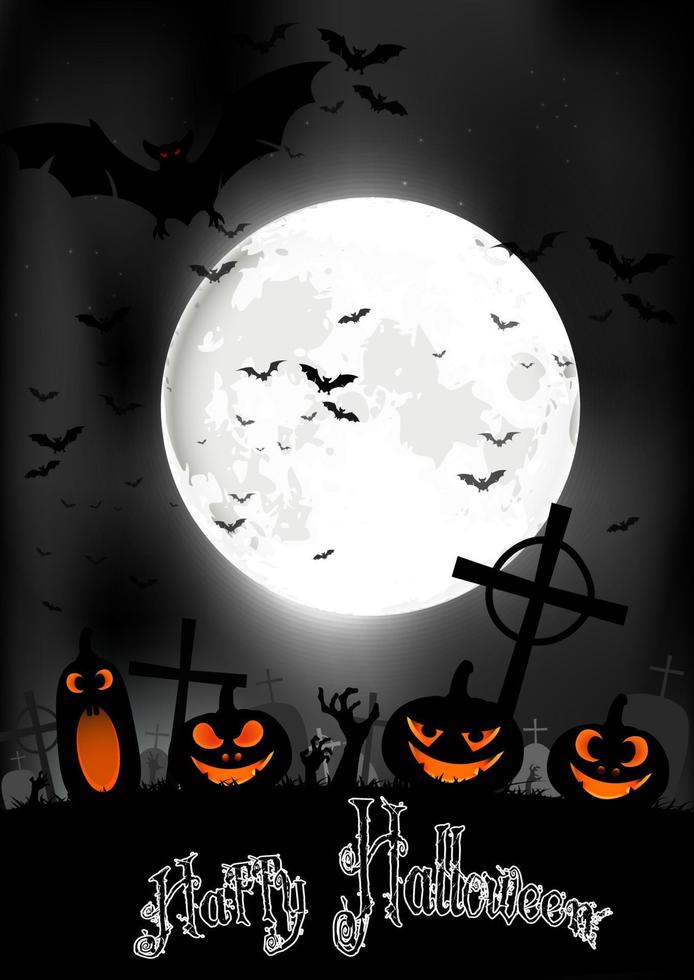 Halloween background with ghost and pumpkins on the full moon. vector