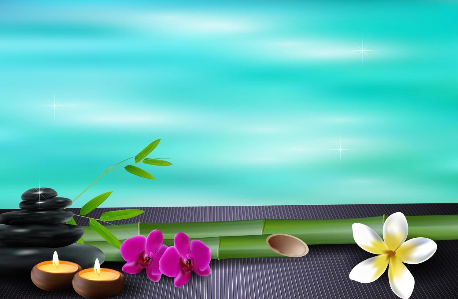 Stone, wax, flowers, and bamboo blue sea background. vector