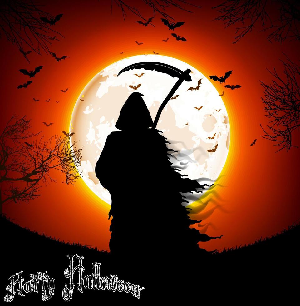 Halloween background -  a man silhouette of black scary scythe man standing on night full moon. vector