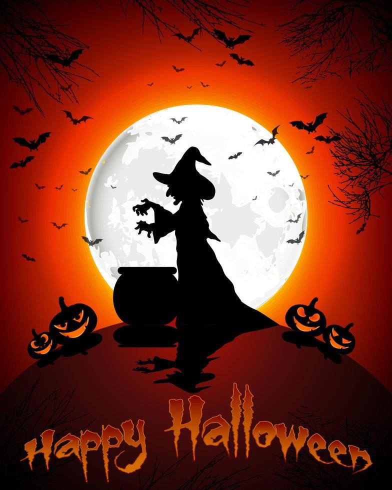 Happy Halloween background with witch and pumpkins on the full moon. vector