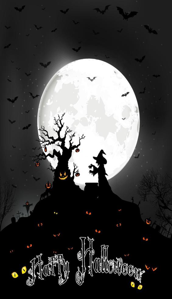 fondo de halloween en la luna llena con árbol aterrador y bruja. vector