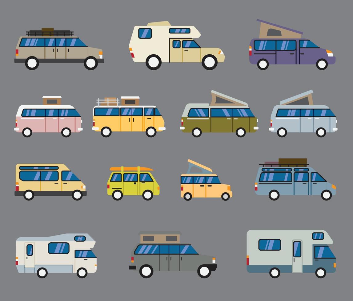 colección de diseño plano de autocaravanas y vehículos recreativos. vector