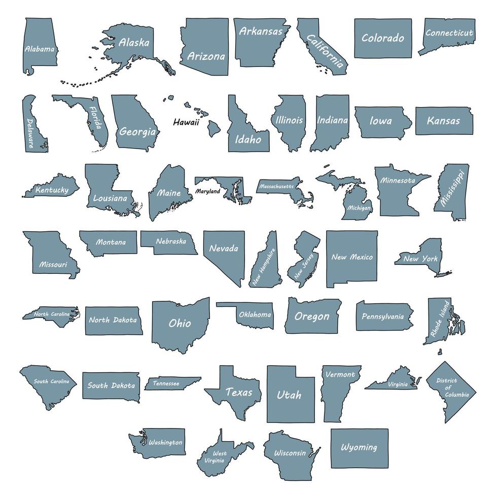 Doodle freehand drawing on states of the USA. vector