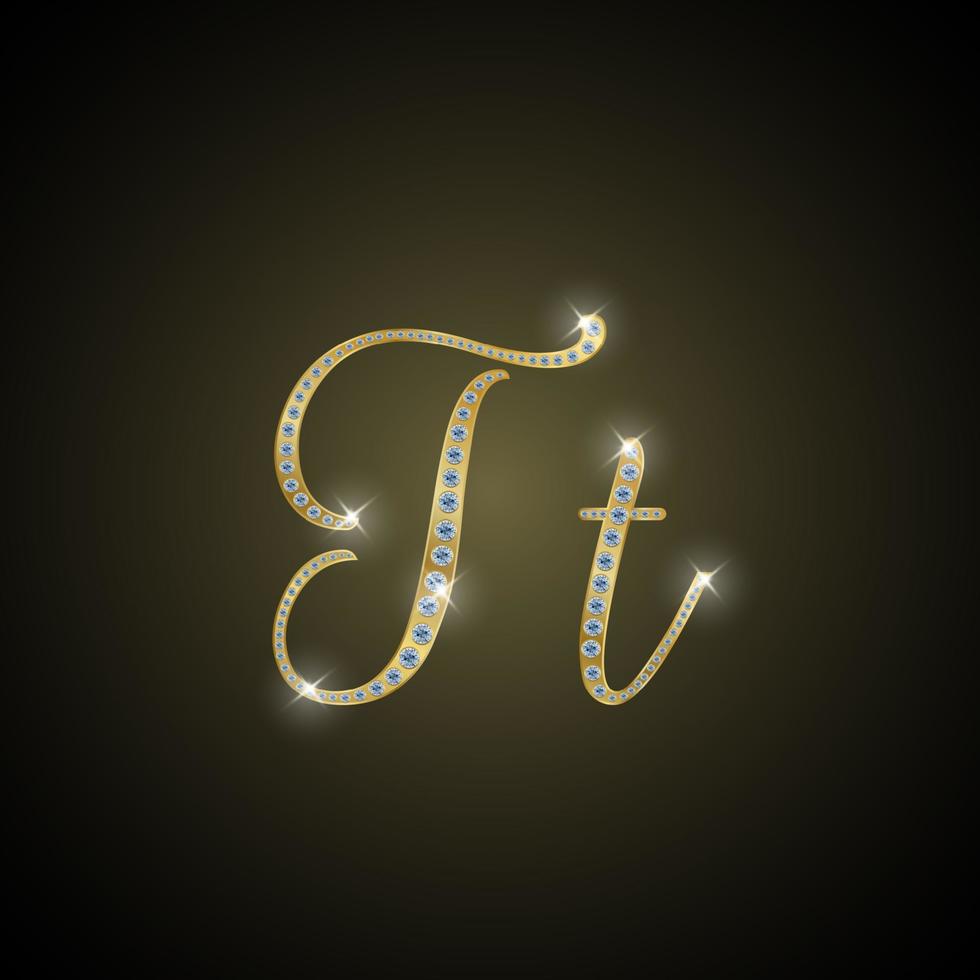 Shiny alphabet T of gold and diamond vector