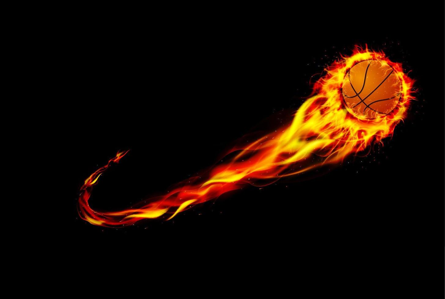 fuego ardiendo baloncesto con fondo negro vector