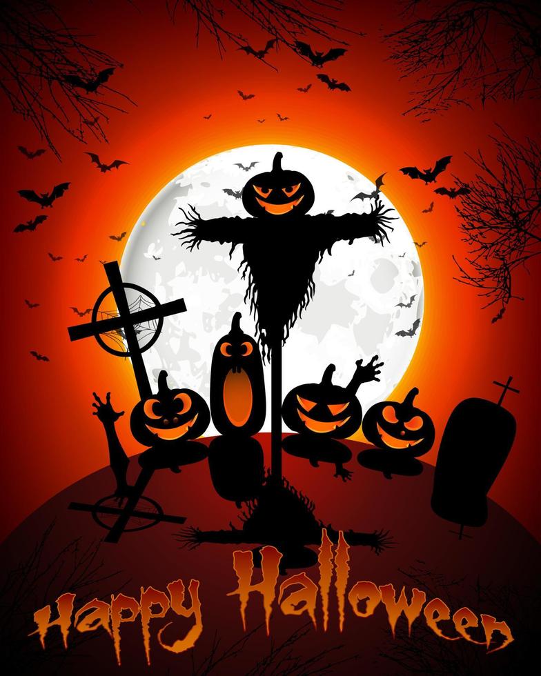 Halloween grave on full moon  background pumpkins devil hand and bats vector