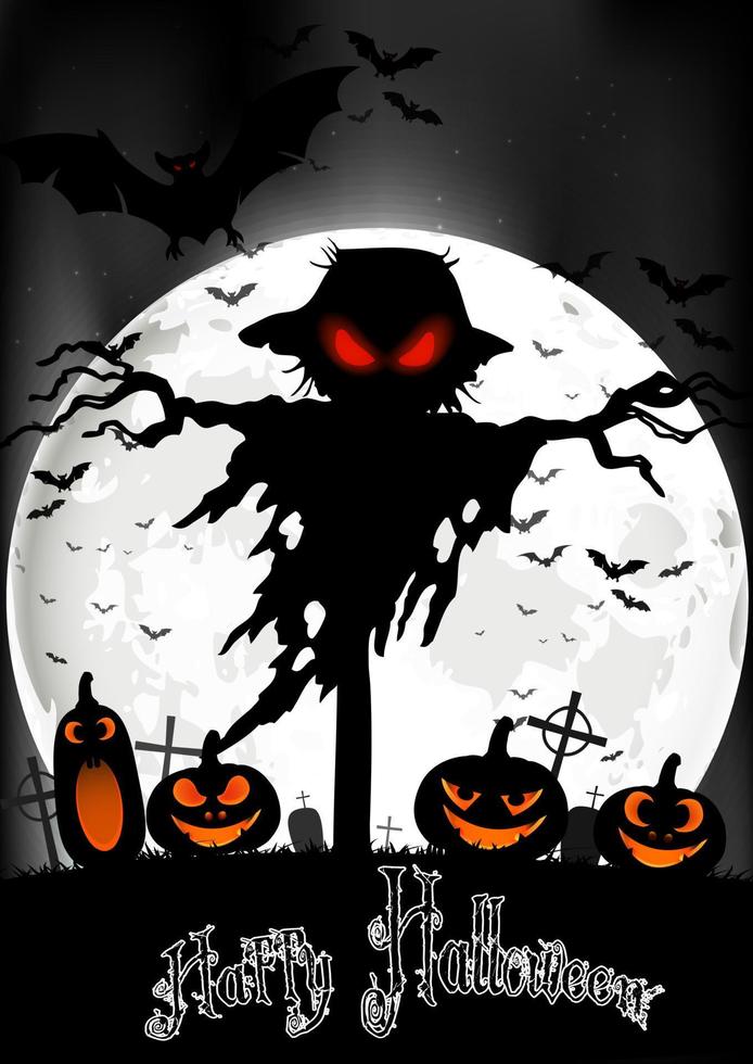 Halloween background with ghost and pumpkins on the full moon. Vector