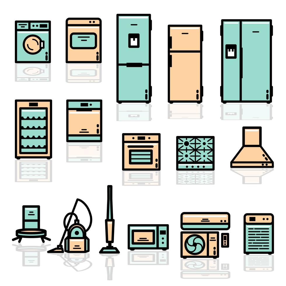 Editable Stroke Cartoon Style Home Appliances Color Line Icon Set. Vector Illustration