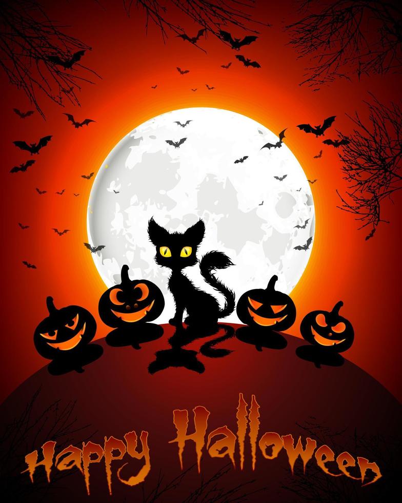 Happy Halloween . Four pumpkins with Cats, Tree and Moon in a Red Night vector