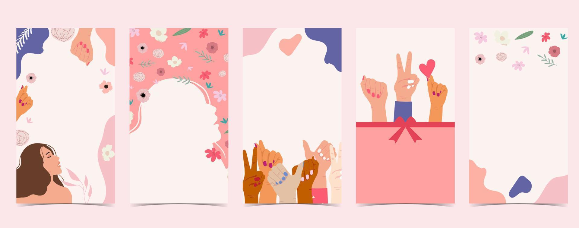 fondo del día de la mujer para redes sociales con mano, cara, flor vector