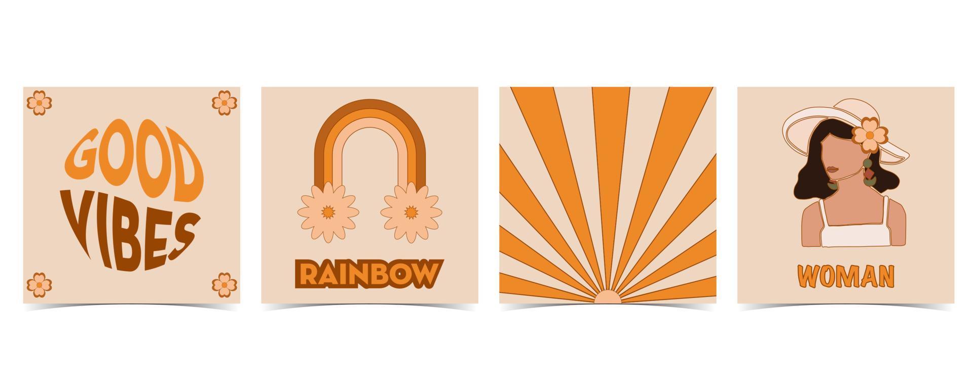 Collection of hippie design with orange flower,sun,rainbow for social media vector