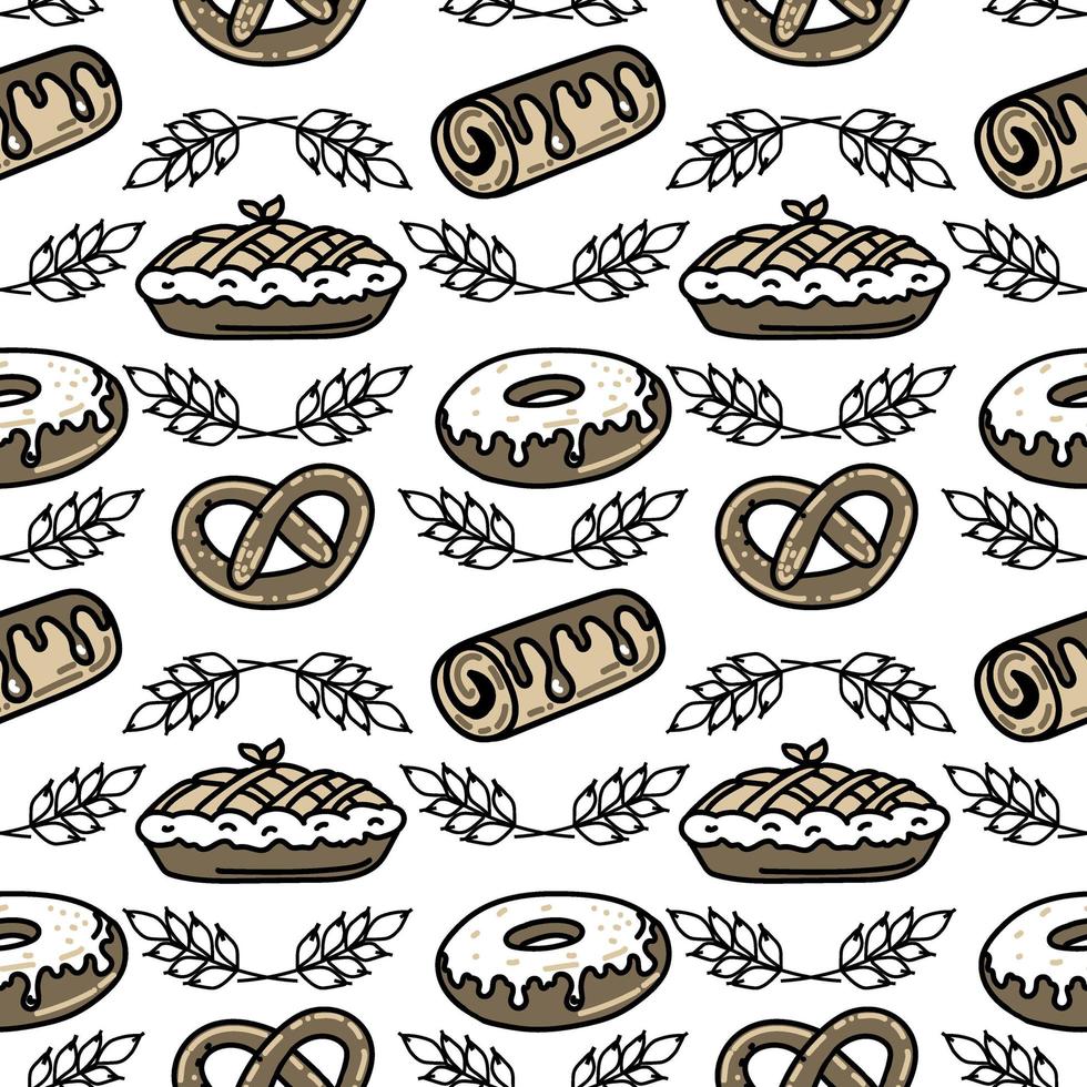 Seamless sweet baking pattern. Hand-drawn doughnut, bagel, and pie. Chocolate desserts. Vector in cartoon style. Bakery products.