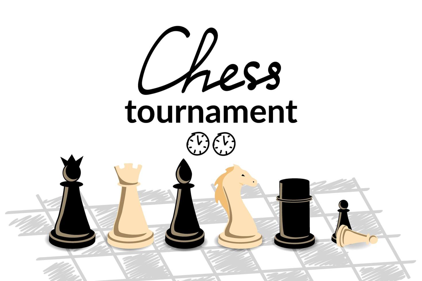 Concept chess tournament. Chessboard and the pieces on it queen, king, rook, knight, bishop and pawn. Flat style vector. vector