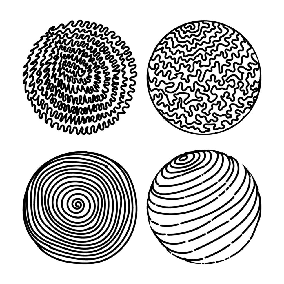A set of circular abstract backgrounds or patterns. Hand-drawn doodles. Spots, blots, zigzags, smooth curves, lines. Modern quirky vector illustrations. Posters, badge templates for social networks.