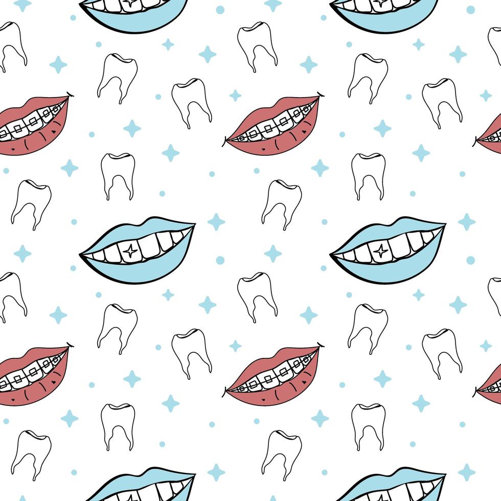 Seamless background of teeth and smiles and illustration of dentistry in doodle style in vector format