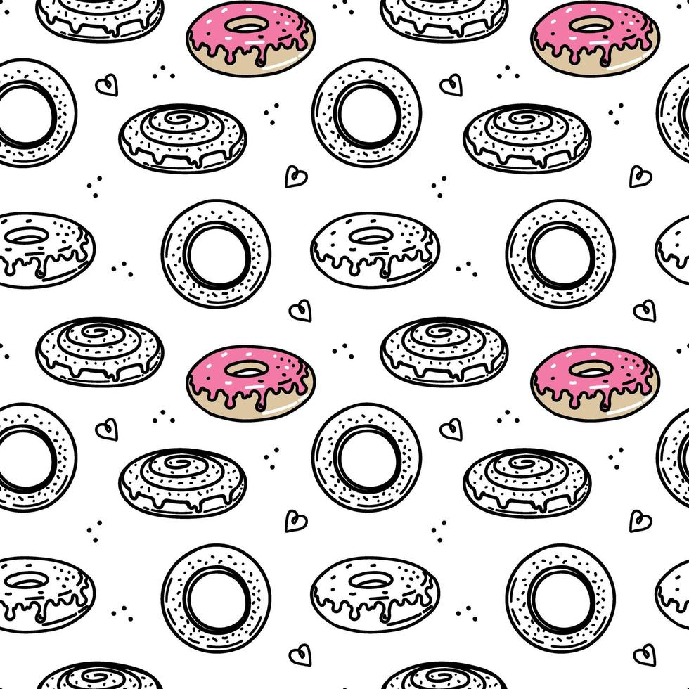 A seamless pattern of hand-drawn elements. Doughnuts, bagels, and snail buns. Doodle style vector. vector