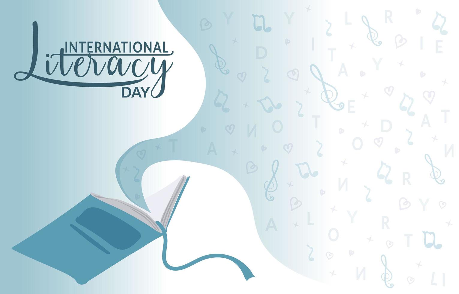 Illustration for International Literacy Day in the form of an open book with letters of the alphabet, musical notes, and a treble clef. Education or reading imagination concept for a learning activity vector