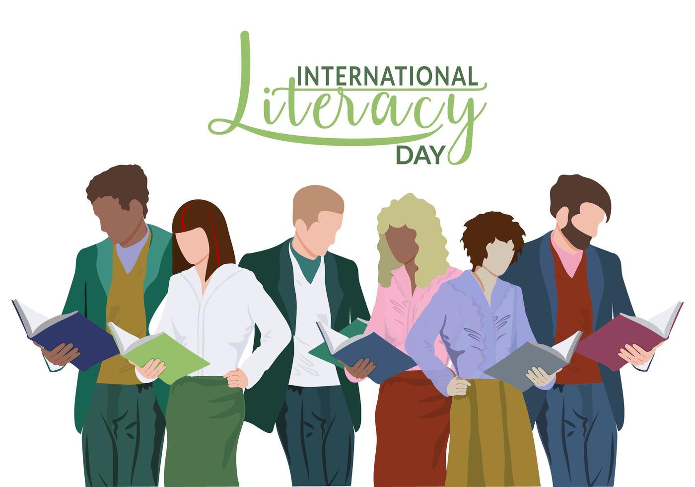 A group of people reading books. People of different races and genders. Education. The concept of Literacy Day. Business style clothing. Cute vector illustration in flat cartoon style.