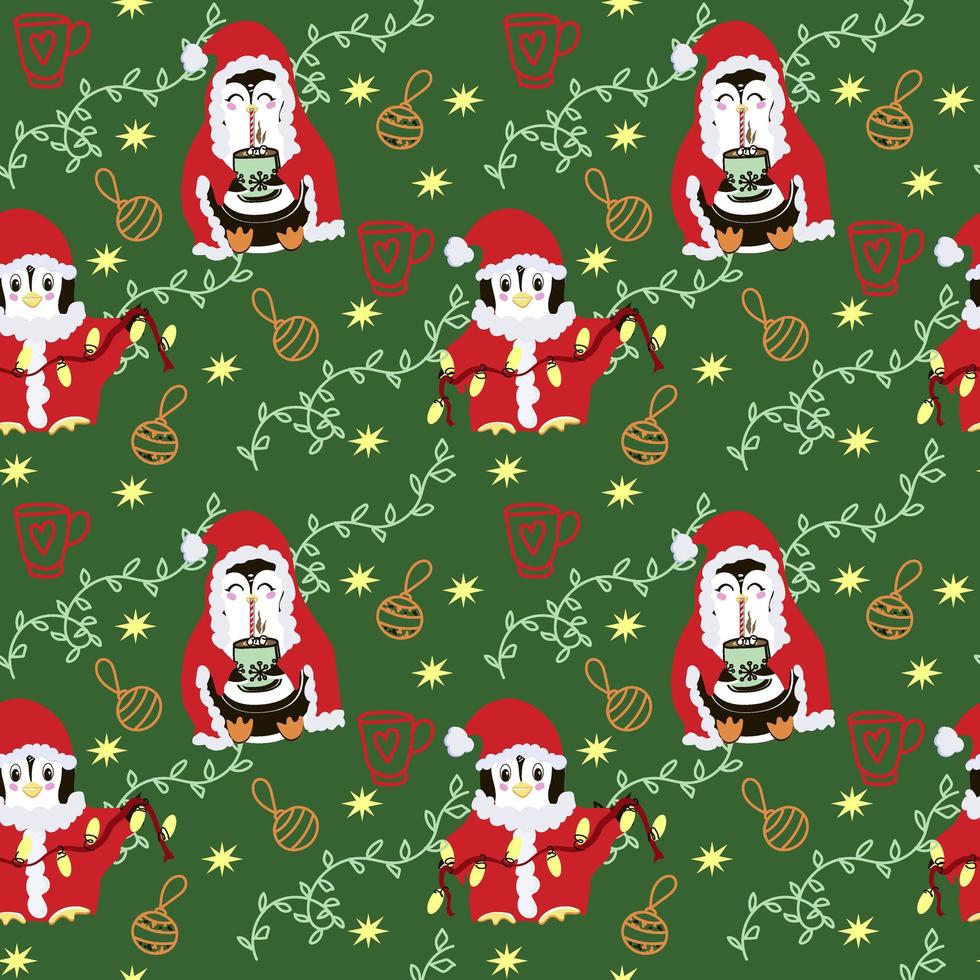 Christmas template with cheerful penguins, Christmas tree toys and garlands. Festive background with hand-drawn elements, cute vector illustration in flat style.