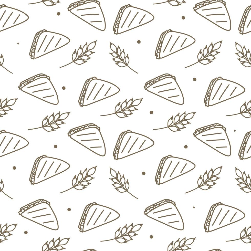 Seamless pattern on a white background. Bakery products. Sandwiches with spikelets of wheat. Hand drawing. In one line. vector