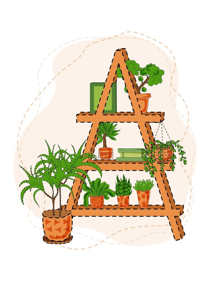 Houseplants on a wooden staircase. Eco-friendly interior design with cactus, monstera, dracaena and bansai. Vector illustration in a flat style.