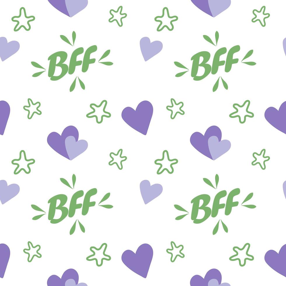 lindos corazones y estrellas púrpuras encantadores con texto bff ilustración de fondo de patrón vectorial sin costuras vector