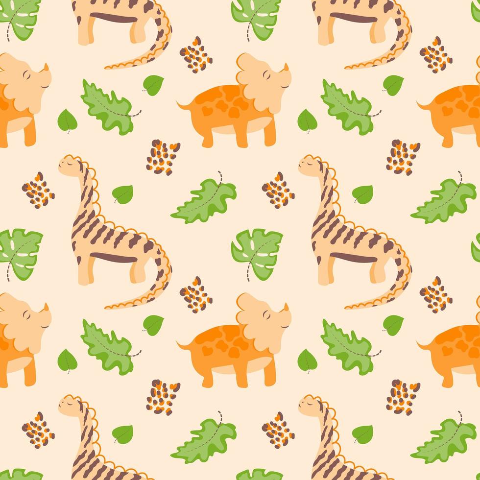 Seamless pattern on the background. Cute dinosaurs with tropical leaves. Jurassic reptiles. Suitable for baby textiles and packaging. vector