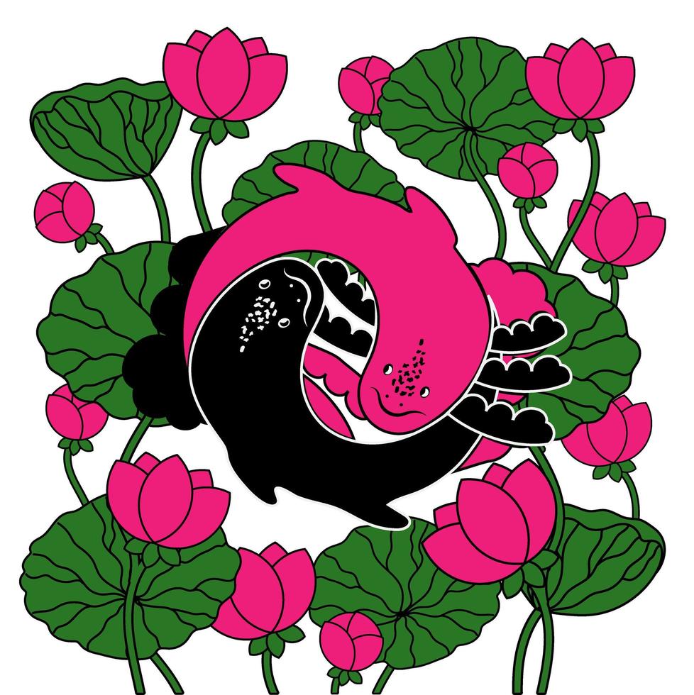 Cute axolotl, vector illustration in cartoon style. Pink lotuses with leaves. Yin and Yang. Pink and chocolate axolotl. Logo in a fashionable linear style.