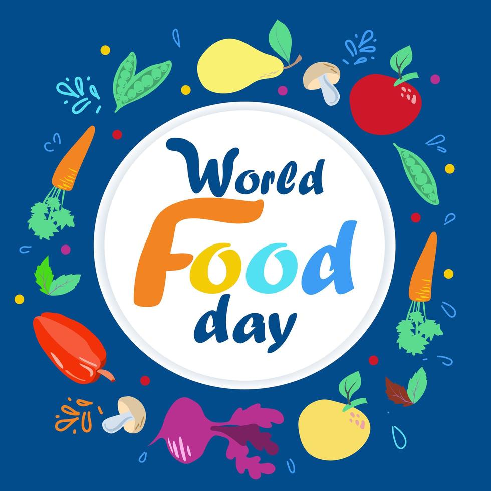 World Food Day vector illustration. October 16. Vegetables and fruits, mushrooms, herbs and spices. colorful food background.