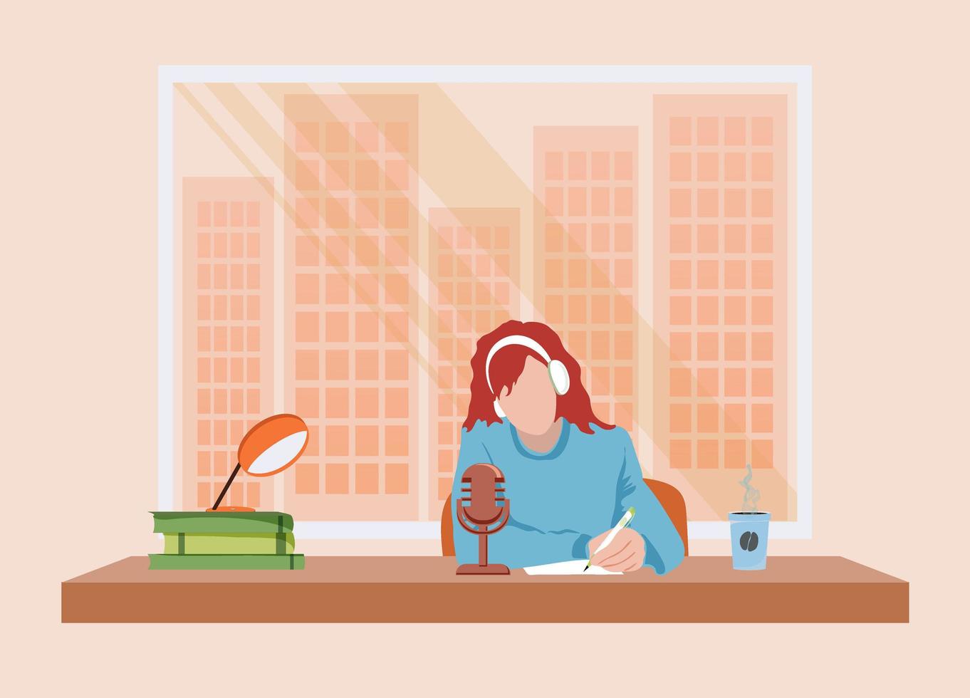 concepto de estudio de grabación en casa, linda chica en el escritorio conduce podcast con café. micrófono. Mañana. café. un estudiante o autónomo. mujer con auriculares con un bolígrafo en la mano. vector