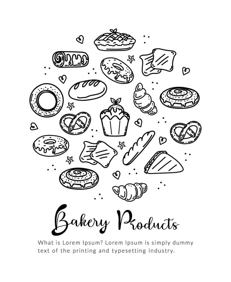 Bakery and pastry collection with various sorts of bread, croissant, pretzel, french baguette, rolls, bagels, cupcake, cakes, muffins. Hand drawn doodle style vector illustrations isolated on white.