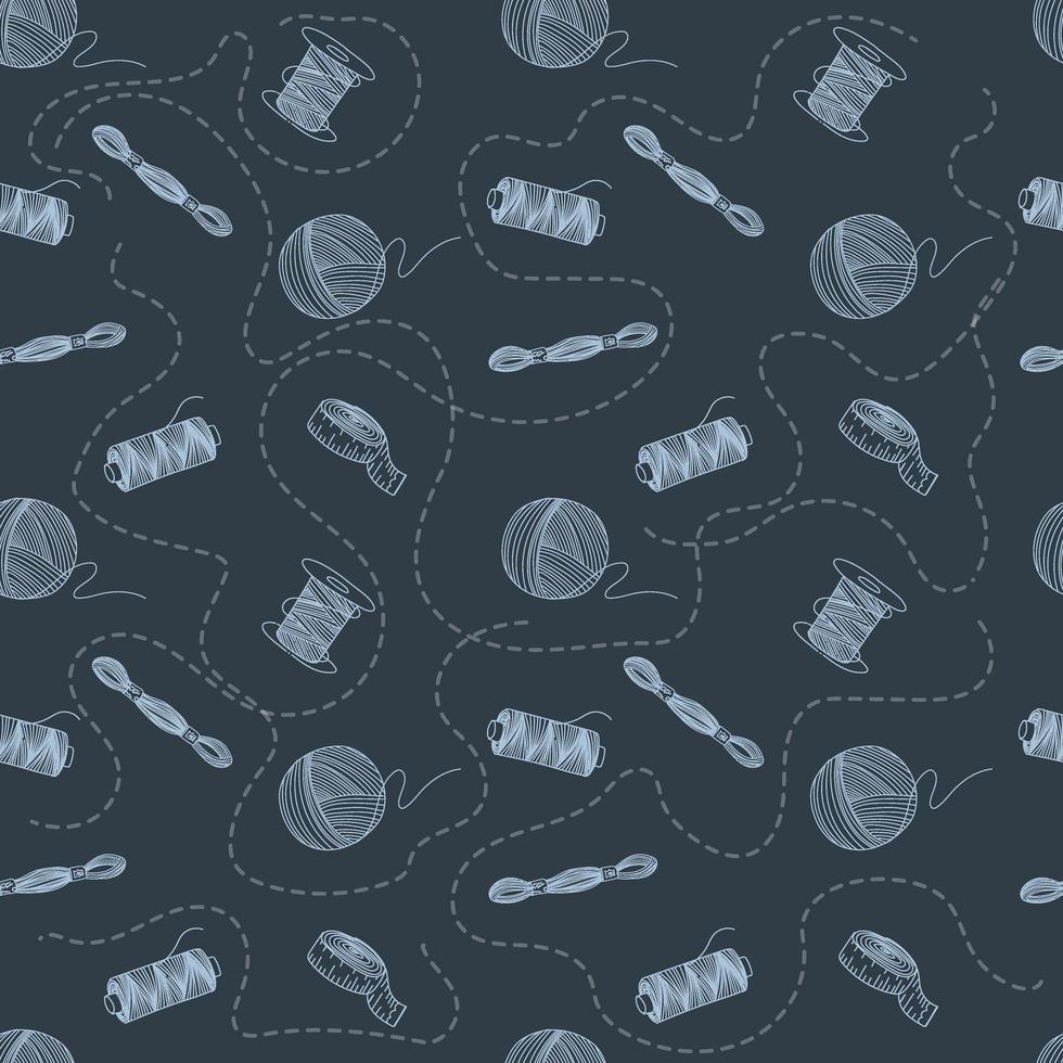 Seamless pattern of elements on a dark background. Thread, bobbins, and a ball of thread. Handmade. Tools for needlework. Flat style vector. vector