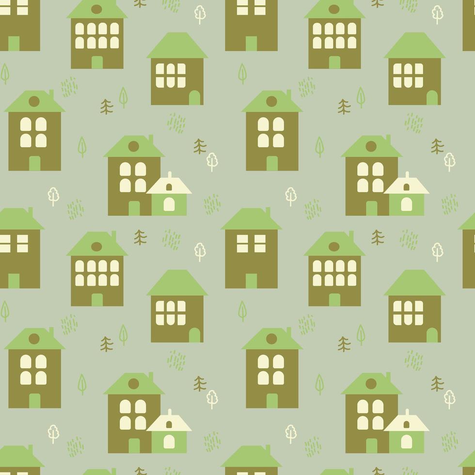 patrón de invierno con lindas casas, árboles pequeños. elementos navideños, ilustración vectorial. vector