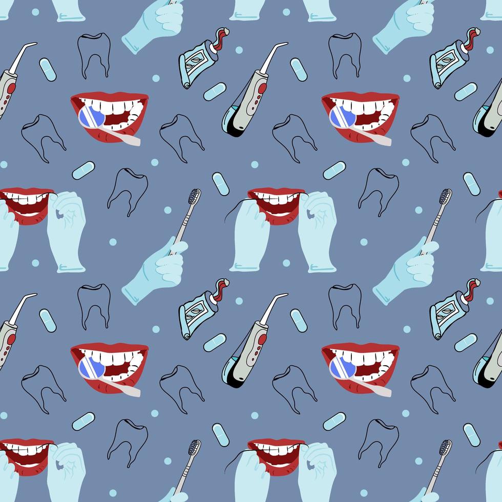 Funny vector seamless pattern of cartoon healthy teeth checking teeth at the dentist, toothbrushes, dental floss, toothpaste.