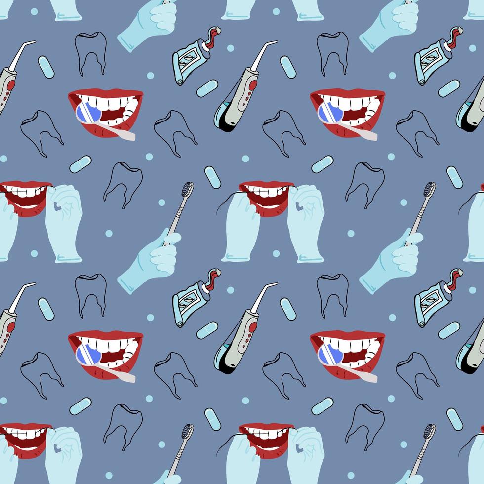 Funny vector seamless pattern of cartoon healthy teeth checking teeth at the dentist, toothbrushes, dental floss, toothpaste.