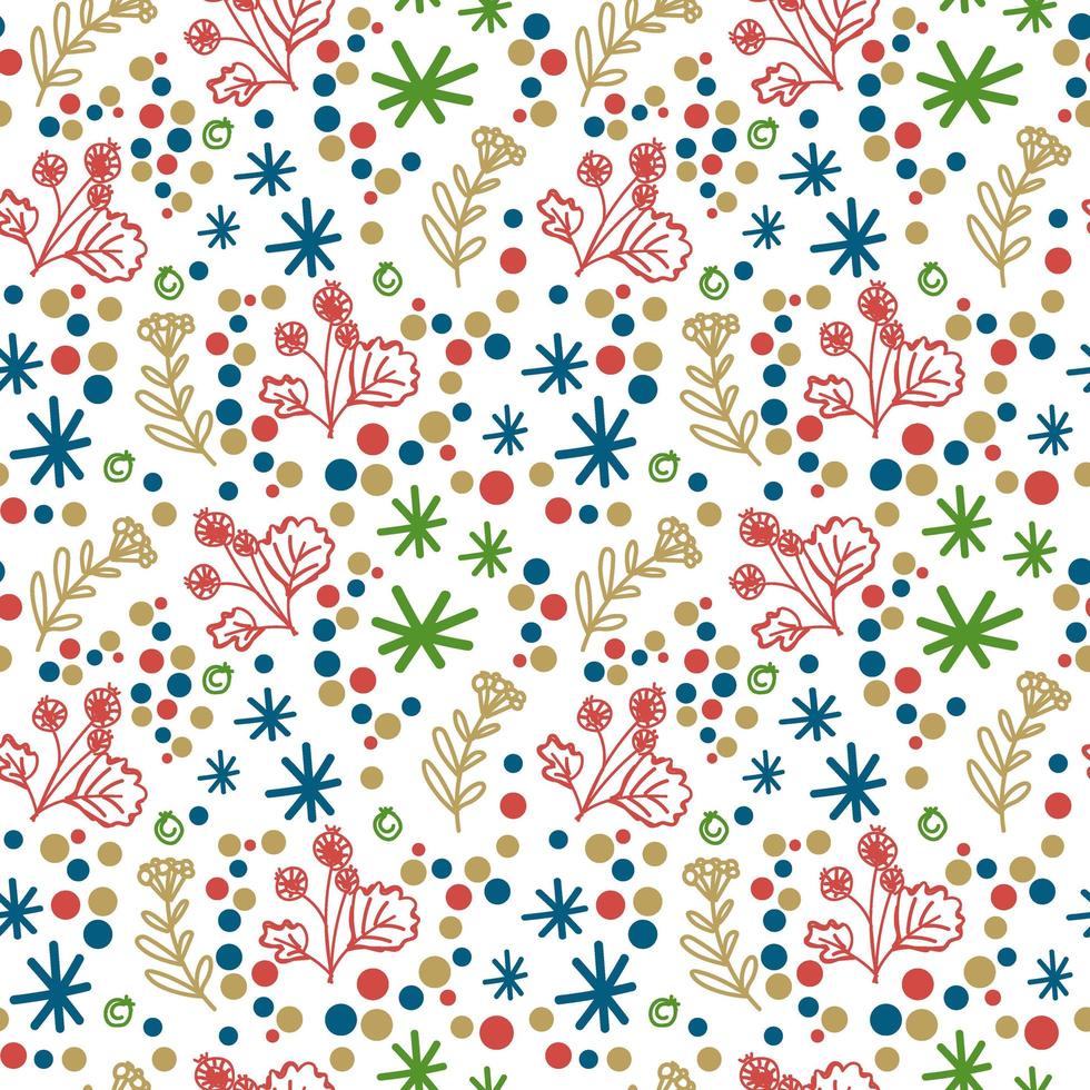 Seamless pattern with floral elements on a white background. Small twigs with berries, snowflakes and colorful circles. Suitable for packaging and textiles. Vector in flat style.