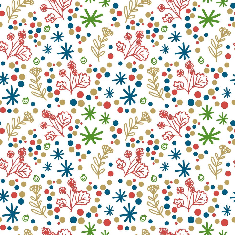 Seamless pattern with floral elements on a white background. Small twigs with berries, snowflakes and colorful circles. Suitable for packaging and textiles. Vector in flat style.