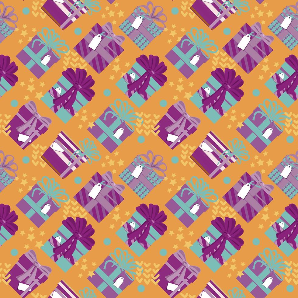 Seamless holiday pattern. Gift boxes with different prints and bows. Christmas, Valentine's Day. In fashionable gentle colors. vector