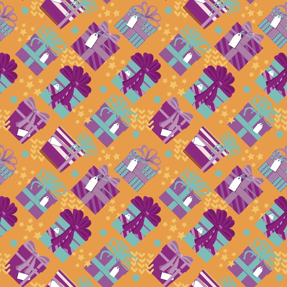 patrón de vacaciones sin fisuras. cajas de regalo con diferentes estampados y lazos. navidad, día de san valentín. en colores suaves de moda. vector