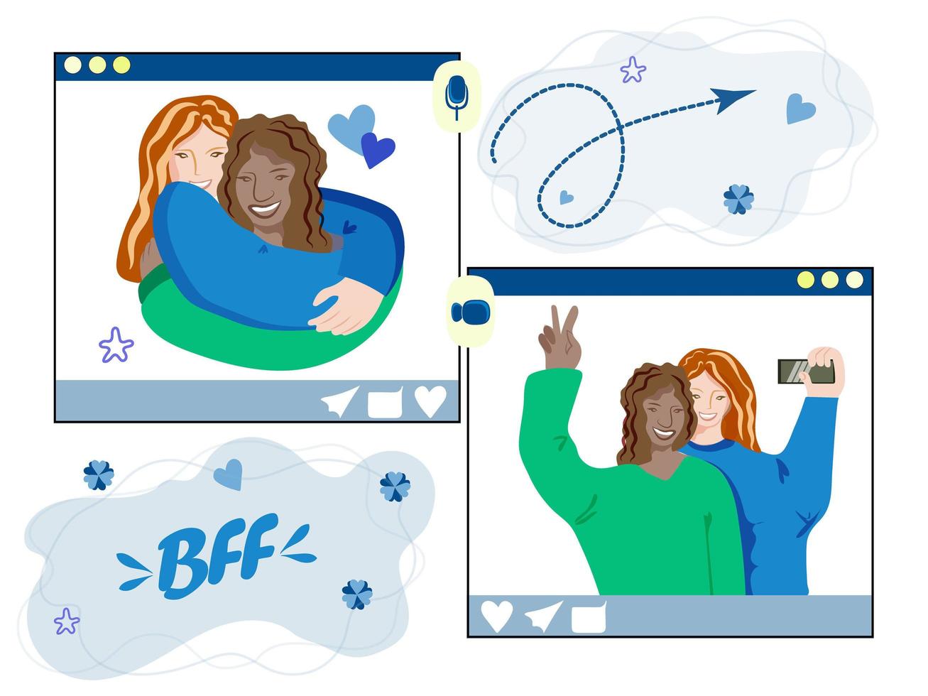 feliz día de la amistad banner web, ilustración especial de vacaciones. dos chicas se abrazan y sonríen para una foto. comunicación en línea. vector