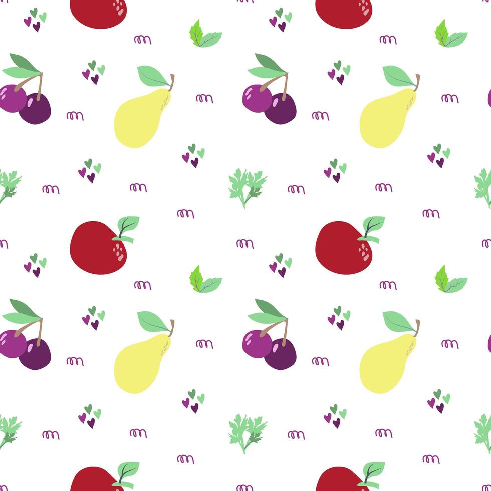 Silhouettes of fruits and vegetables. Icons of fruits, vegetables, nuts, berries. Contains apple, cherry, pear, tomato, green peas, beets, mushrooms, basil and parsley. Banner for farmer's market. vector
