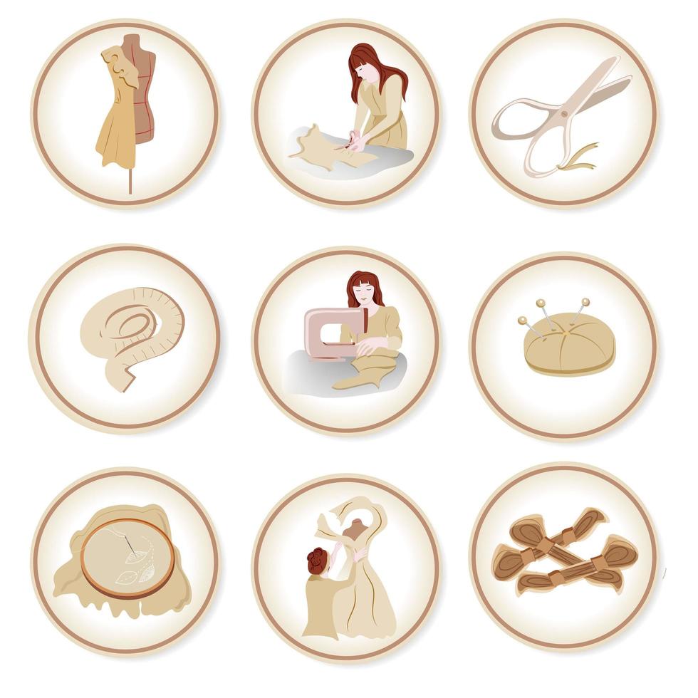 Round emblems, stickers on the theme of women's needlework. Seamstresses at work, scissors, pins, tape for measuring length. Vector in flat style.